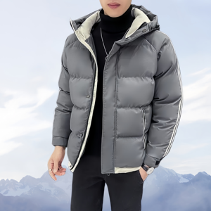 แจ็กเก็ตขนปลาปักเป้ามีฮู้ดสำหรับผู้ชายสีทึบสำหรับใช้กลางแจ้งฤดูหนาวทำตามสั่ง - Product Image 1