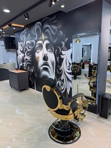 Barber <b>Chair</b> Styling Reclining Hydraulic <b>Gold</b> Frame Black Faux Leather Seat Adjustable Height Round Base Barbershop Furniture - Product Image 3