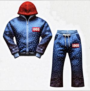 Chándal de lavado de ácido rojo personalizado para hombre, chándal de invierno con etiqueta de punto transpirable con diamantes de imitación blancos, talla XL - Product Image 2