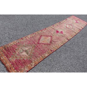 Turkish 2.5x11.1 ft Rug, <b>Runner</b> Vintage Rug, <b>Red</b> Orange Bordered Wool Rug - Product Image 2