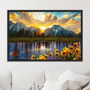 Toile imprimée : Paysage de montagne, coucher de soleil, fleurs sauvages, vue sur le lac, décoration naturelle, toile encadrée noire - Product Image 1