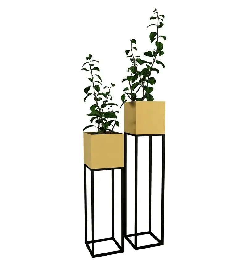 Set Of 2 Golden Iron Planters With Black Stand .
