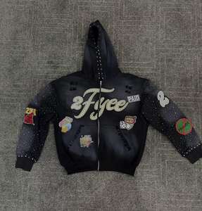 Sweat à capuche surdimensionné à fermeture éclair pour homme, avec lettres streetwear appliquées, broderie, effet délavé à l'acide, design en strass - Product Image 1