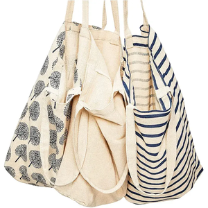 Ensemble de qualité supérieure 3 sacs fourre-tout d'épicerie en coton biologique écologique réutilisable en toile rayée à bandoulière - Product Image 3