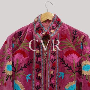 Abrigo de terciopelo con bordado floral, ropa exterior informal para mujer, abrigo de terciopelo floral bordado a mano - Product Image 5