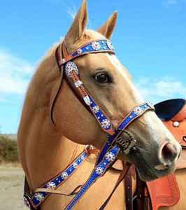 Ensemble de sellerie pour cheval en cuir de vache de qualité supérieure, léger et multifonctionnel, avec tête et poitrail Western Show Blue Bling - Product Image 3