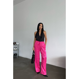 Pantalones de Mujer en Satén Jacquard Color Fucsia - Pantalones Elegantes - Product Image 1