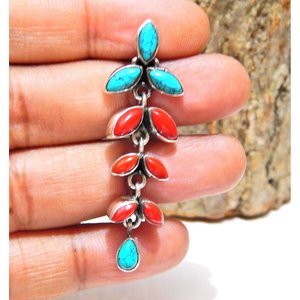 925 Sterling Silver <b>Turquoise</b> Coral <b>Earring</b> <b>Stud</b> Handmade Crystal <b>Earrings</b> Perfect Gift for Her-E0933-GS - Product Image 1