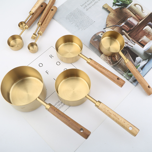 Vintage Gold Wooden Handle <b>Measuring</b> Cup and <b>Spoons</b> Set of 4 Kitchen Baking Tool Gold Cafe Scoop - Product Image 2