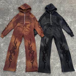 Conjunto Deportivo Corto de Dos Piezas Estilo Vintage con Lavado Ácido, Personalizado 2026, 100% Algodón, Bordado con Parches, Corte Holgado y Acampanado - Product Image 5