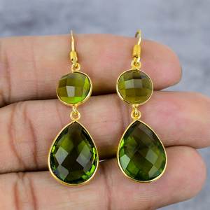 925พลอยเพอริดอทสีเขียวทรงกลมและรูปลูกแพร์ต่างหูห้อยชุบทองเงินสเตอร์ลิงต่างหูของขวัญวันเกิดสำหรับผู้หญิง - Product Image 2