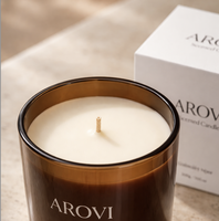 Arovi - Bougie parfumée en cire de soja dans un verre ambré de luxe avec parfum d'huile essentielle |   Bougie d'aromathérapie à étiquette privée avec boîte cadeau