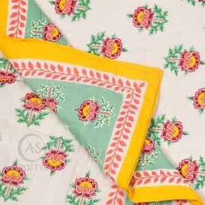 Traditional Printed Floral Cotton <b>Quilt</b> Green/Yellow Border Lightweight <b>Single</b> Bed Cover 85x55 Inches-Eco-Friendly - Product Image 3