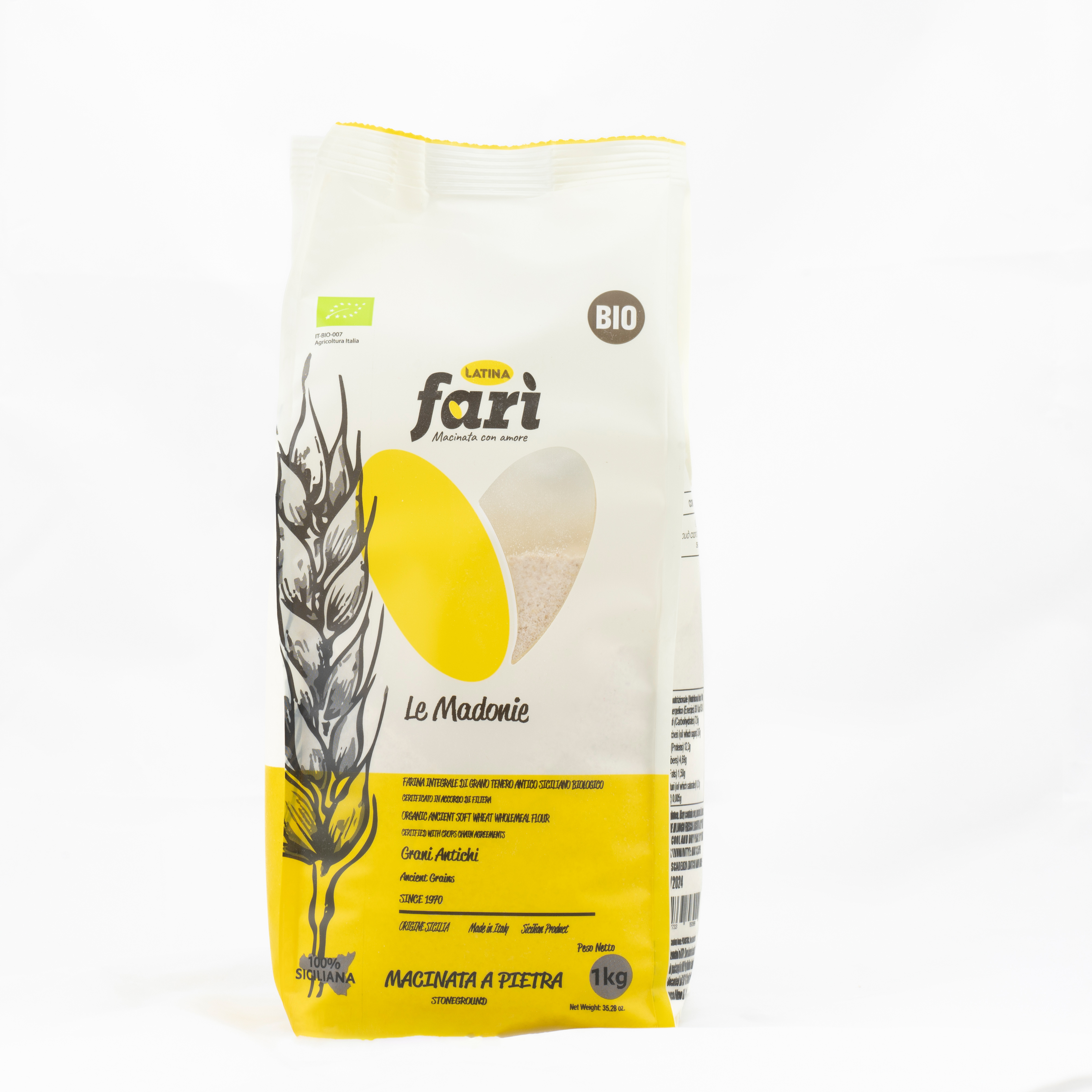 Harina integral Siciliana Le Madonie Soft Wheat Organic Stoneground 100% Certificada con acuerdos de cadena de cultivos 1kg