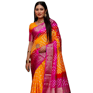 Beautiful Bandhej Design Minakari Print Pallu Sari Collection for Women Multi Color Party Ready to Wear All Seasons Made India - Product Image 1