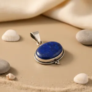 Pendentif en argent 925 avec lapis-lazuli pour femmes, plaqué rhodium, or blanc, bijoux en pierres précieuses avec motif religieux, charme - Product Image 3