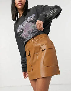 OEM Customized Women's High Waist <b>Mini</b> <b>Skirts</b> Front Zipper Flap Buckle Belt Casual Solid Faux PU <b>Leather</b> Plus Size Wholesale - Product Image 4