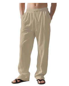 Pantalones informales para hombre, pantalones ligeros con cordón en la cintura elástica de lino, pantalones holgados de verano para playa, pantalones de Yoga, 2 bolsillos laterales inclinados - Product Image 1