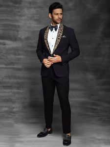 BEAUTIFUL & ELEGANT ZARI GPLD EMBROIDERY on BLACK BLAZER, SHIRT & <b>PANT</b> TUXEDOS SUIT for PARTY-WEAR/WEDDING @ 2023 - Product Image 2