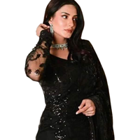 Saree pengantin baru dengan bordir berat, bahan jala sheer, sutra lembut Banarasi, poliester, hiasan renda, resleting, dapat dikustomisasi, gaya India.