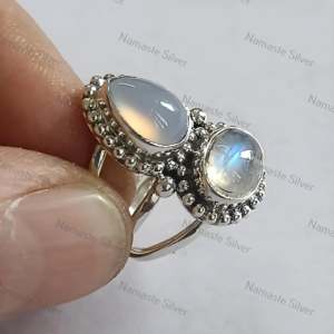 Navya <b>Craft</b> Chalcedony & Rainbow Moonstone Natural Stone Boho Statement <b>Ring</b> Handmade Sterling Silver Jewelry Gift for Her - Product Image 3