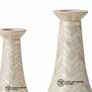 Un fournisseur indien propose des bougeoirs coniques de luxe en nacre (MOP)-Motif géométrique à chevrons rose clair et blanc - Product Image 4