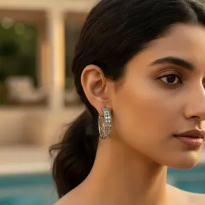 Pendientes de Aro de Plata 925 para Mujer, con Piedra Verde, Estilo Huggie, Modernos, Religiosos, con Forma de Perla-Luna, Chapados en Rodio, Oro Rosa, Regalo - Product Image 2