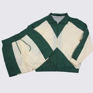 Wholesale Waterproof Nylon Windbreaker 2 Piece Set Short Set Green With <b>White</b> Panel Full Zip-Up Oversized <b>Jacket</b> with Tracksuit - Product Image 3