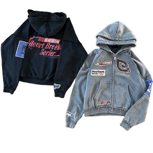 Personnalisé lourd 500 GSM coton éponge français Double capuche appliques broderie Vintage en détresse Boxy sweats à capuche zippés pour hommes - Product Image 3