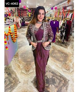Saree en soie pure douce avec chemisier cousu prêt à porter pour la fête Saree Wuth broderie séquence travail - Product Image 1