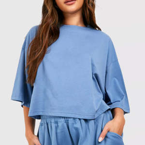 Hot Sale Women's Oversized O-Neck Crop Top Shorts Set Drop Shoulder Short Sleeve Breathable 100% Cotton Fleece Streetwear Summer - Product Image 6