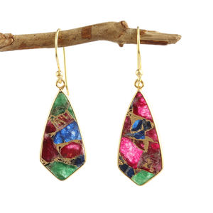 Moderniste Vintage plaqué or cuivre Turquoise tranche boucles d'oreilles à la main balancent lunette crochet forme géométrique pour les femmes cadeau - Product Image 3