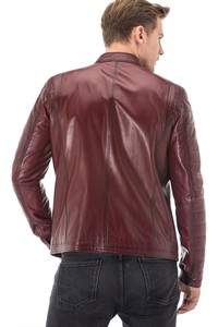 High Quality Men Red Maroon Genuine Sheepskin Notch Lapel Collar Biker Rider Outfit Crossover <b>Cafe</b> <b>Racer</b> Motor <b>Leather</b> <b>Jacket</b> - Product Image 2