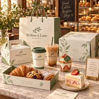 Ensemble d'emballages personnalisés AT PACK pour boulangerie et café, comprenant des gobelets en papier de 12 oz, des gobelets en PET de 16 oz, des sachets de café de 250 g et des boîtes à desserts.