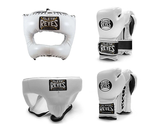 Ensemble de boxe en cuir de vachette véritable Gants à lacets blancs avec protège-tête pour les arts martiaux et le fitness - Product Image 1