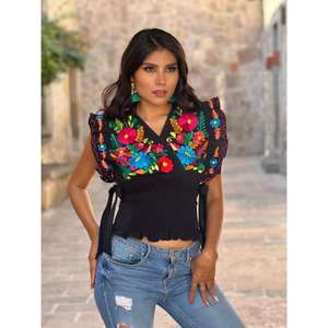 เสื้อผู้หญิงสีเหลืองปักลายดอกไม้สไตล์เม็กซิกัน ผ้าฝ้าย ปักลายดอกไม้รอบเอว แขนสั้น สไตล์ลำลอง - Product Image 3