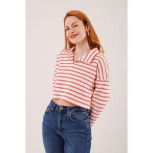 Sudadera Corta con Cuello Polo a Rayas Rojas para Mujer, Sudaderas con Capucha y Sudaderas al por Mayor - Product Image 2