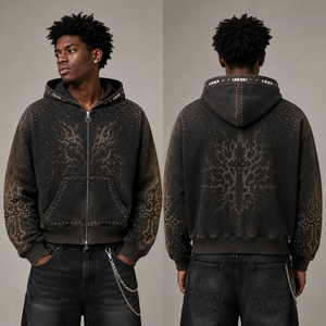 Sweat à capuche zippé en molleton French Terry délavé personnalisé, style boxy tendance, avec motif graphique vieilli, unisexe, pour le streetwear et les tenues décontractées - Product Image 6