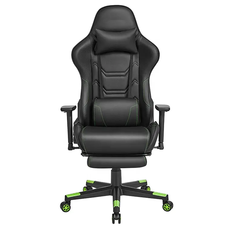 High Back 3D Ergonomic Desk Chair Green Nylon Base Gaming Chair Pro Massage Pc Chair with Footrest Headrest and Lumbar Pillow