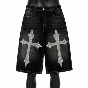 Pantalones Cortos Vaqueros de Mezclilla para Hombre, Estilo Vintage, Lavados, con Cruz de Pedrería, Ajuste Holgado, Estilo Gótico Urbano, Venta al por Mayor - Product Image 1
