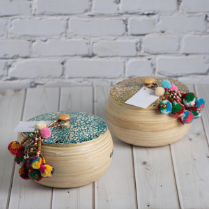 Delightful Round Bamboo Storage Jar With Eggshell Inlay Decorative <b>Gift</b> Box With Lid And Tassel Ideal For Ramadan <b>Eid</b> Gifting - Product Image 4