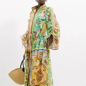 Standı yaka ve doğal bel çay boyu yetişkin 2024 ile pamuklu jarse Vintage A-Line orta Midi elbise rahat elbise