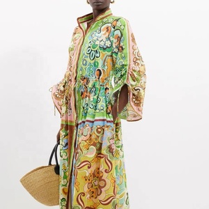 Robe longue bohème à imprimé floral avec col mandarin, manches lanternes, en mousseline de soie, longueur au sol, robe d'été décontractée pour femmes - Product Image 1