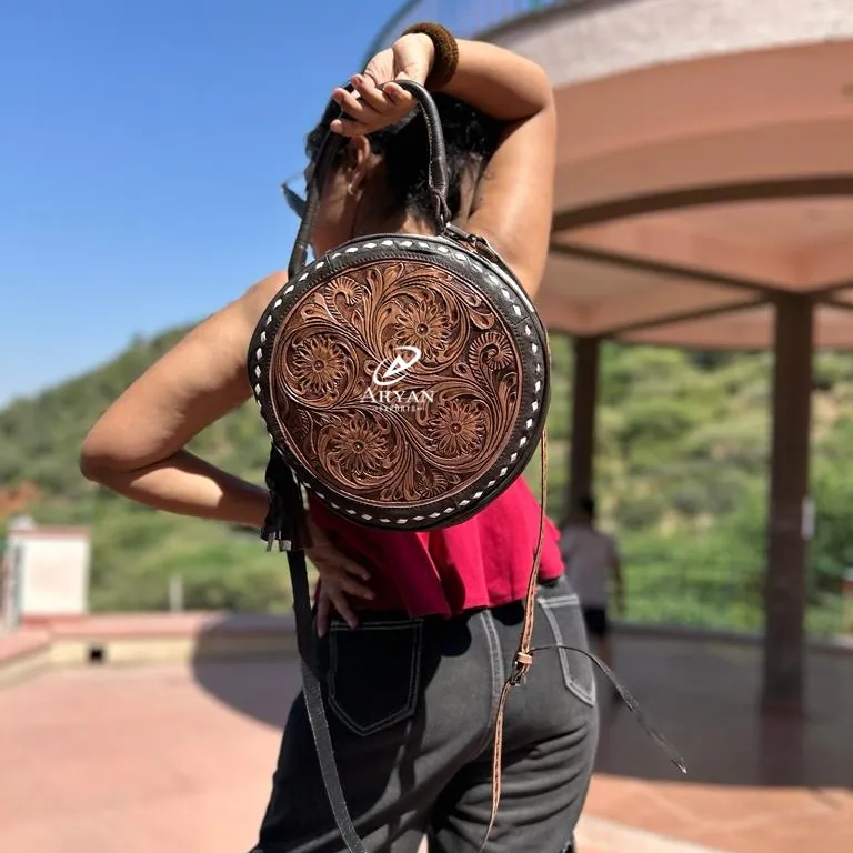 New Western Style Tooled Hair On Hide Fur Leather Canteen Bag Hand Tooled Circular Shape Handbag Women Tooled Leather Sling Bag