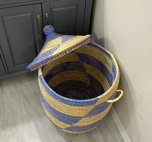 Tự nhiên sản phẩm lớn cỏ biển giỏ handmade handwoven quần áo giỏ cho lưu trữ giá rẻ bán buôn giặt cản trở với nắp đậy - Product Image 4