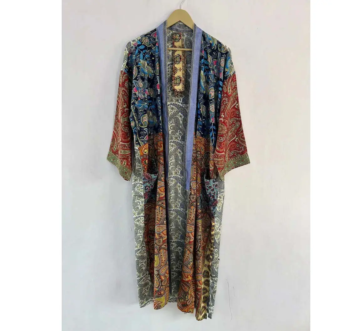 Kimono sutra India Kimono perca Boho jubah Kimono panjang pantai menutupi jaket mantel kardigan musim panas