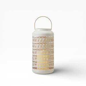 Porte-bougie votif en métal blanc de style lanterne avec découpe en maille diamantée et poignée dorée - Product Image 5