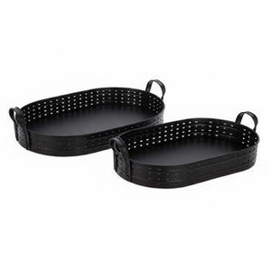 Bandeja de Servicio Negra Galvanizada de Diseño Elegante con Asas, Forma Ovalada, Bandejas de Servicio de Alimentos para Restaurante y Casa de Campo - Product Image 1