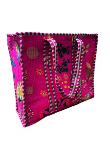 100% Cotton Pink Floral Handblock Printed Quilted <b>Shoulder</b> Tote <b>Bag</b> <b>with</b> Zipper For Women <b>Large</b> - Product Image 6