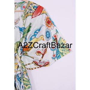 Caftán Corto de Algodón con Estampado Floral para Mujer, Vestido de Playa Bohemio, Ajuste Regular, Transpirable, Lavable, Cómodo, Ajustado - Product Image 4